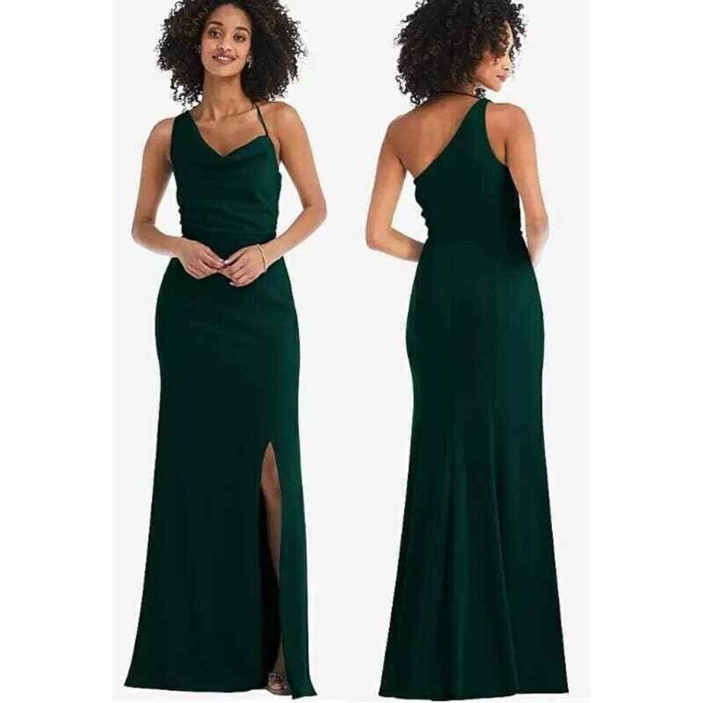 After Six One Shoulder Strap Cowl Neck Crepe Maxi Dress Evergreen Size 4 NWT
